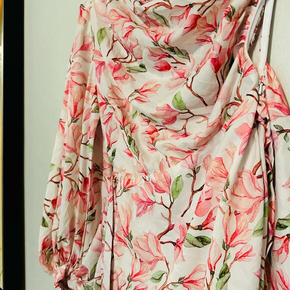 BRONX AND BANCO Layla Floral Pink White One Shoulder Silk Bow Mini Dress Size S - Picture 13 of 14